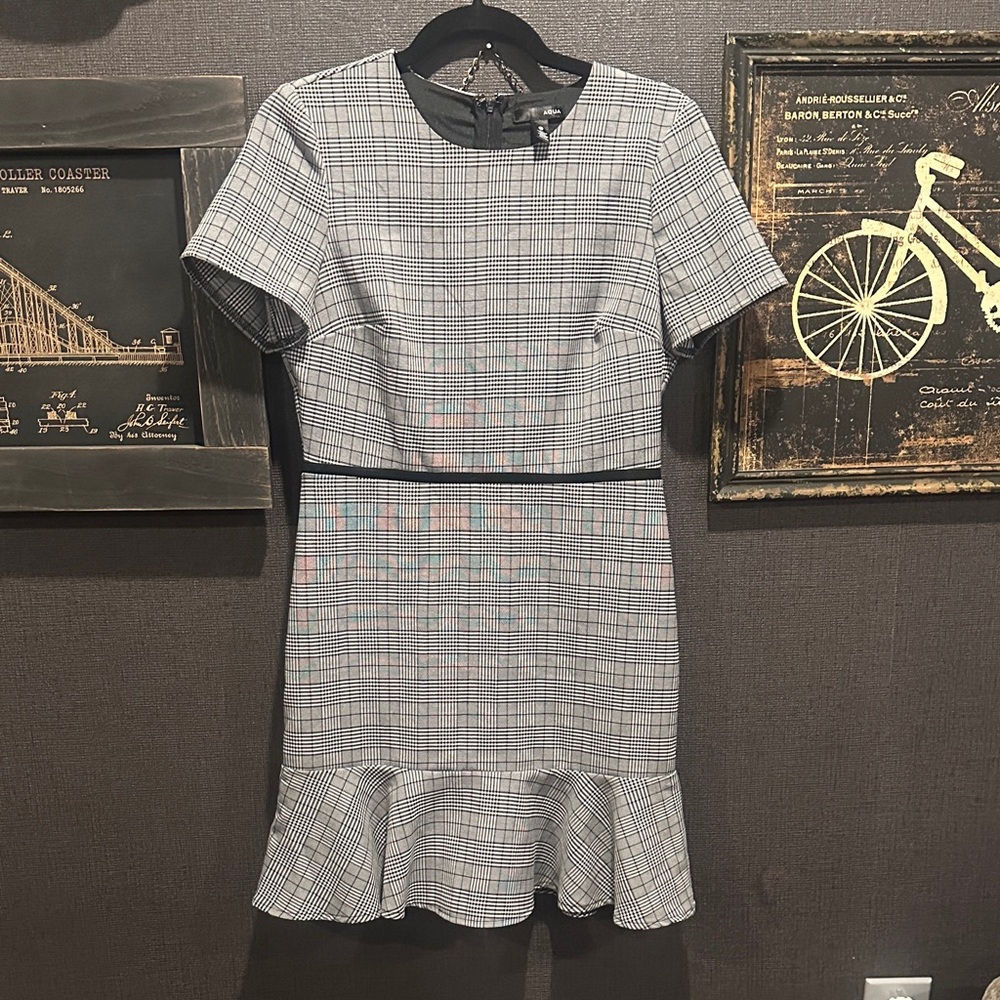 Aqua Black and White Plaid Mini Dress
